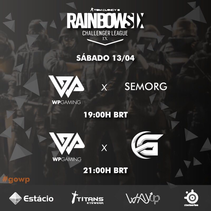 wpgamingoficial's tweet photo. Jogaremos hoje (13/04) pela Challenger League de Rainbow Six às 19h contra a Semorg, e às 21h contra a Guidance.
Vem com a gente, torcida!!!!
Jogo 19h: https://t.co/3hUjw9H7DS
Jogo 21h: https://t.co/pcbzKH3ZLK
#wpgaming #ggwp #gowp #rainbowsix #rainbowsixsiege #rainbow6 #r6 https://t.co/KM3vRgODec