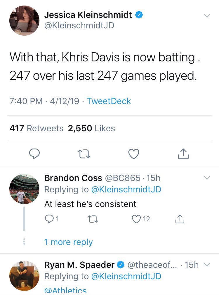 Lyle_Goldstein's tweet photo. It’s confirmed. The best hitter and worst hitter in the game of baseball are both named Chris/Khris Davis https://t.co/yDXvtY7hnv