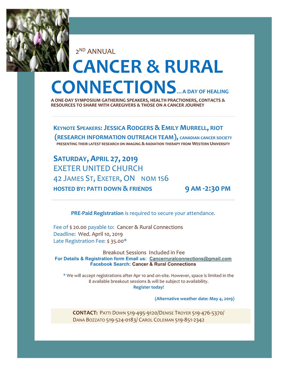 adrienne_borrie's tweet photo. Patients & caregivers -- please join us for the 2nd Annual Cancer & Rural Connections April 27th in #ExeterON! Two of our @CancerRIOT members, @jrobin_rodgers and Emily Murrell will be giving presentations and there are lots of great sessions to sign up for! #CancerResearch https://t.co/xwTJBiP3gy