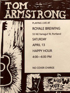 Get out of the rain with Tom Armstrong!
Today 4:00 to 6:00 @ Royale Brewing!
$4 happy hour pints!