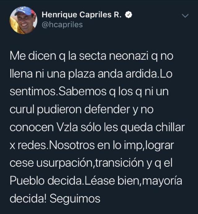 MiguelFontan's tweet photo. Se te borró este tuit @hcapriles, pero no te preocupes, que te lo recuperé. Por cierto, mientras lo reescribes ¿puedes indicarme qué pasó por fin con el caso Odebrecht? Es que no sé porqué siento que eso tiene relación con pedir que Maduro sea candidato. Saludos... https://t.co/JmIDAMqhKT