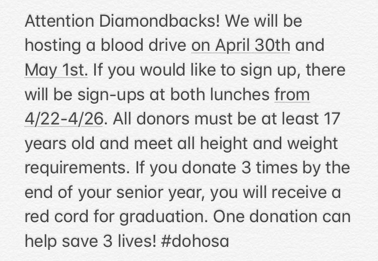 DOHS_HOSA's tweet photo. The last HOSA Blood Drive of the school year is coming up on April 30th &amp; May 1st. #dohosa https://t.co/cRBsivb4jt
