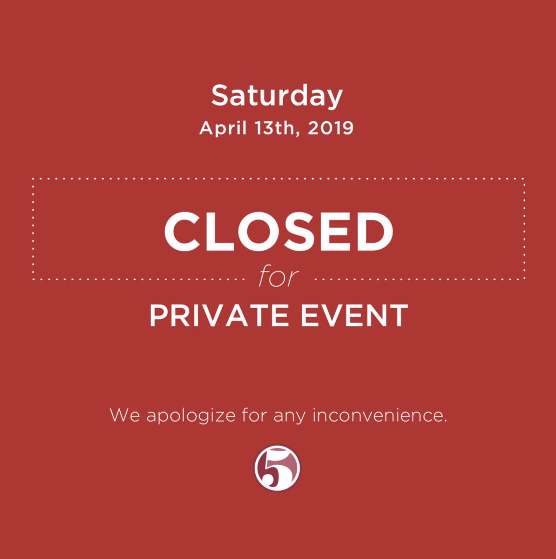 FIVEbirmingham's tweet photo. We will be closed during dinner service tonight for a private event. We apologize for any inconvenience and hope to see you soon! https://t.co/Cs8RrJfQEm