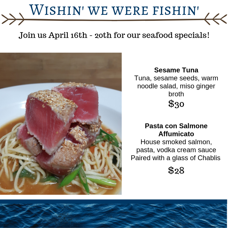 We wish we were fishing this beautiful weekend, so we decided to put on a special for our fish lovers! Starting this Tuesday April 16th - Saturday April 20th.
#GoodFriday  #goodfood 
We would also like to remind everyone we will be closed Easter Sunday.