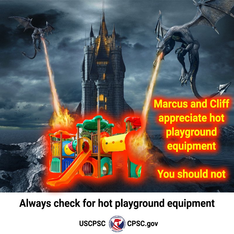 Two dragons melting a playground. Marcus and Cliff appreciate hot playground equipment. You should not. Always check for hot playground equipment.