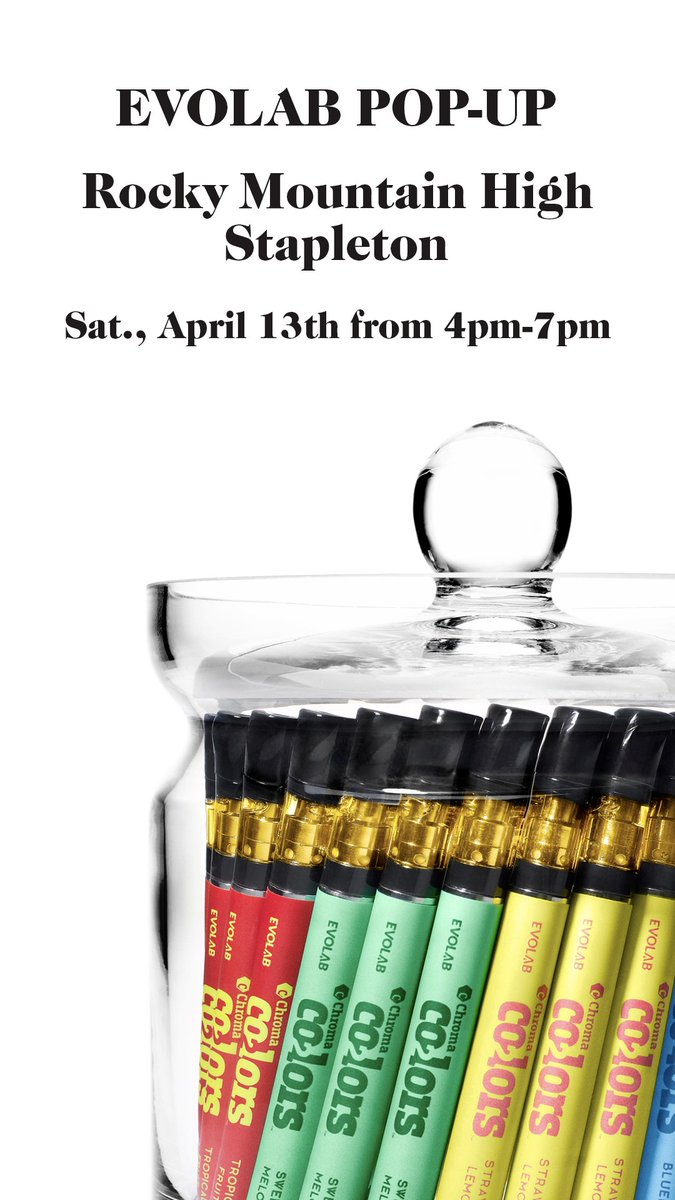 #Evolab #PopUp | Rocky Mountain High Stapleton | 4pm-7pm

Buy any Evolab product and you'll receive a brand new Colors All-In-One for a penny. Limited to 20 customers. When you purchase one of our cartridges or refill kits, you'll receive a free battery from our ambassador.