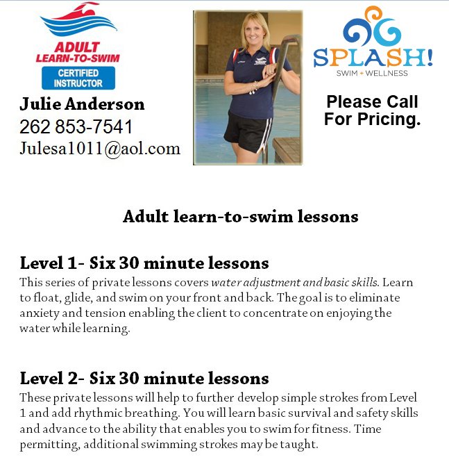 SplashSwimWell's tweet photo. April is #AdultLearnToSwim Month! Splash! is very fortunate to have an official USMS Certified ALTS (Adult-Learn-To-Swim) Instructor. Julie is GREAT, and she currently has room for a few more adult swim students. It's never too late to learn how to swim! 😀👍#SplashMequon https://t.co/K3M29tPxQN