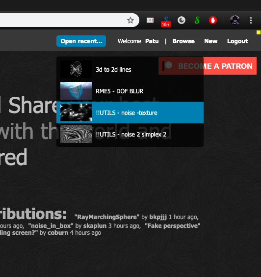 patuwwy's tweet photo. Now You can "Open recent..." with @Shadertoy unofficial extension! 
https://t.co/R6Z8PAY51J https://t.co/PEWOm1WXK3