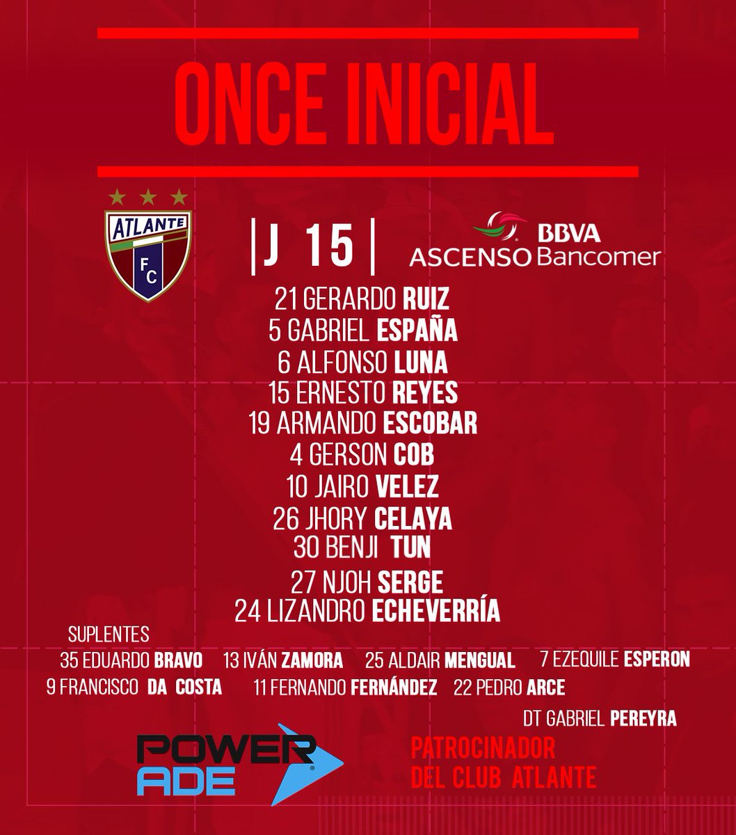 Atlante's tweet photo. #Powerade presenta la alineación de ATLANTE

 #PotrosUAEM vs #Atlante  Jornada 15

VAMOOOOOOS POTROS!!!!!!
🔵🔴 Por el pase a la Liguilla!!! 🤜💥🤛

#CorazónAzulGrana #PowerPotro #VamosAtlante https://t.co/2BzisjdTQ0