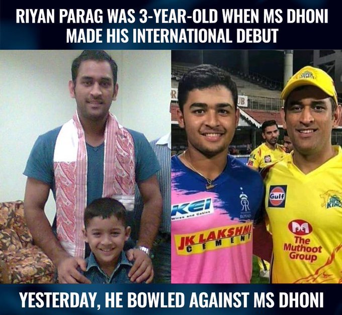 cricpidia's tweet photo. Cute picture. Riyan Parag was 3 years old when MS Dhoni made his international debut. https://t.co/zhY9CSbUlQ