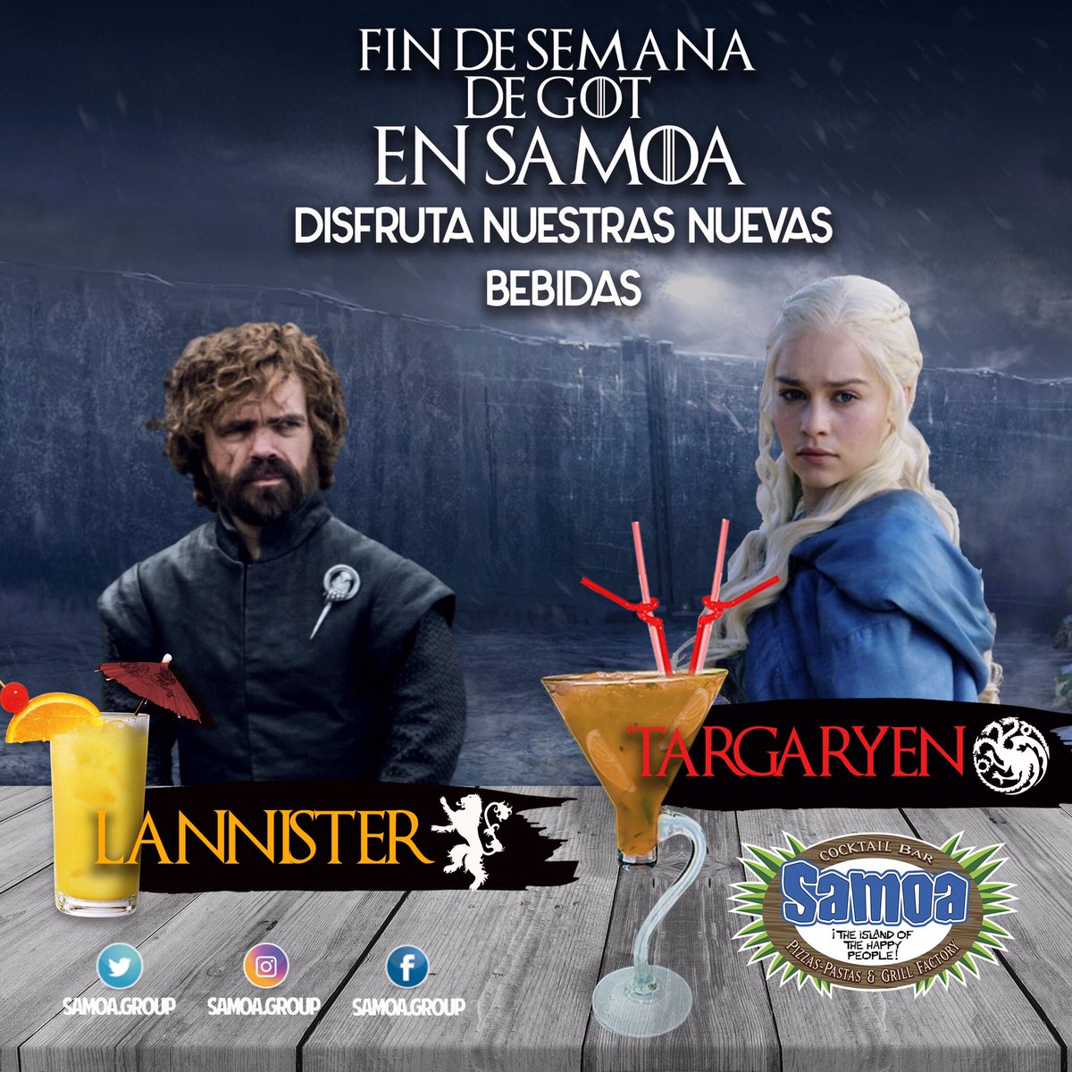 SamoaGroup's tweet image. No te pierdas el estreno  de GOT este domingo en nuestra isla de SAMOA san Ignacio y disfruta de los excelentes cócteles q tenemos para ti!! #got #estreno