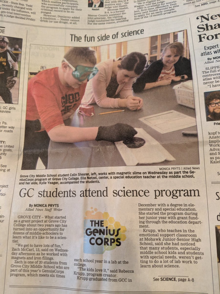 CNicholsEduc's tweet photo. Great to see @TheGeniusCorps in the News today!   #GCASDproud of @GroveCityMS for working with this program, #proudprof of the #gccedu students and alumni who design the labs, and thankful for the science faculty and staff @GroveCtyCollege  for their support 🌟🦅🔬 https://t.co/F2YoBznXCL