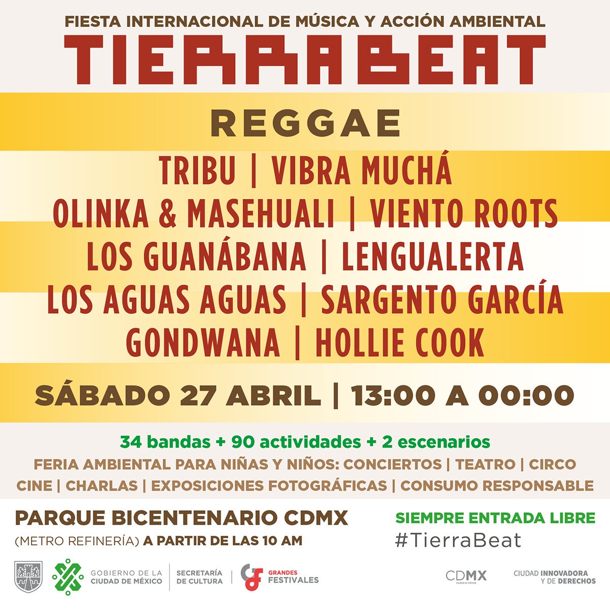 CulturaCiudadMx's tweet photo. 34 bandas de electrónica, rock y reggae tocarán para hacer conciencia sobre el cuidado del medio ambiente. La Fiesta Internacional de Música y Acción Ambiental, #TierraBeat, llega el 27 y 28 de abril al Parque Bicentenario. https://t.co/H2uRCNf6aF #EntradaLibre https://t.co/gkDJcLESQQ