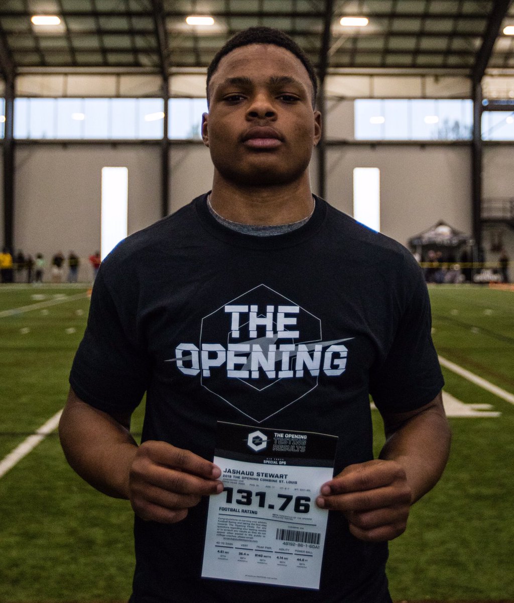 Stumpf_Brian's tweet image. Huge numbers for Jonesboro (Ark.) and Arkansas commit DE/LB @JashaudStewart at #TheOpening Combine in St. Louis include 4.61 40, 4.14 shuttle and 36.4” vertical jump. His 131.76 rating is now fifth-best nationally. #WPS