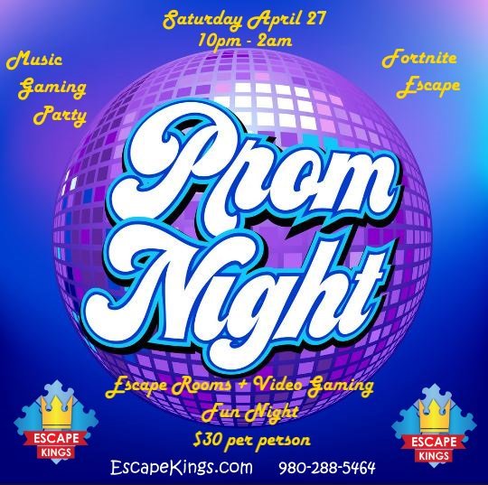 EscapeKings's tweet image. Looking for something to do after the prom? @EscapeKings has a special event Saturday April 27 from 10pm - 2am!  

Come do our escape rooms, play video or just chill at Escape Kings to the latest music.  MUST book online EscapeKings.com/Prom.html