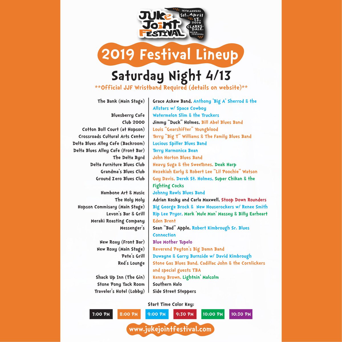 Starting right now! Grab a wristband (on sale until 8:30pm at JJF HQ) and see 35 acts on 24 stages. Schedule below: #jukejointfestival