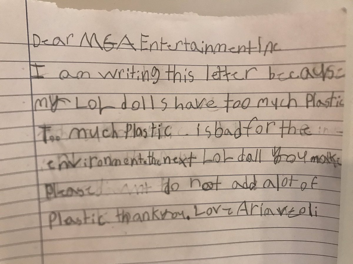 SVeoli's tweet photo. @MGAEnt my 6 year old daughter was very concerned at the amount of plastic in the packaging for LOL dolls. She has something to say... https://t.co/zhaLtZDsDS