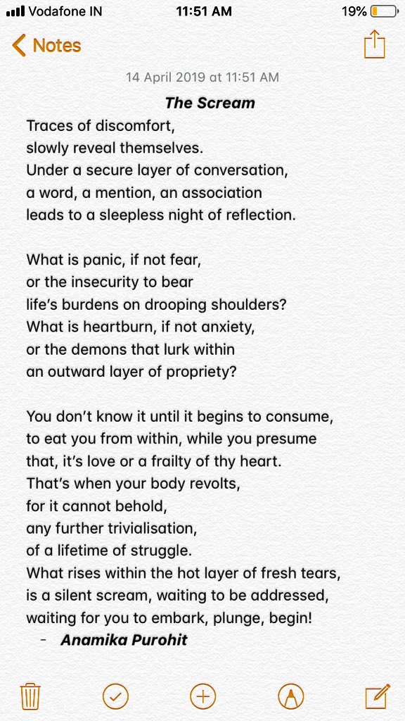 OnlyAnamika's tweet photo. I loved writing for #Day13, for the prompt asks me to write a poem that assumes the same title as my favourite painting. Well, here goes.

Pic 1: the painting - Edvard Munch’s “The Scream” (via https://t.co/vJrNqjsJge)
Pic 2: my poem

#WTWrites @WTangerine https://t.co/D8xZGwewrz