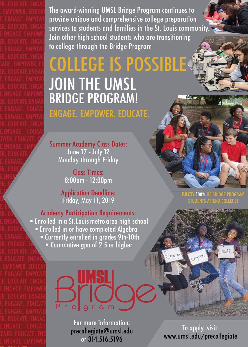 ArtsTodayez's tweet photo. Are you ready for college? Join the UMSL Bridge Program 2019 Summer Academy
 Application Deadline: May 11, 2019 - FREE College Preparatory Program
 To apply visit: https://t.co/LIvMonUkLD
 or call us at 314.516.5196 or email us at precollegiate@umsl.edu https://t.co/17bw1NqRks