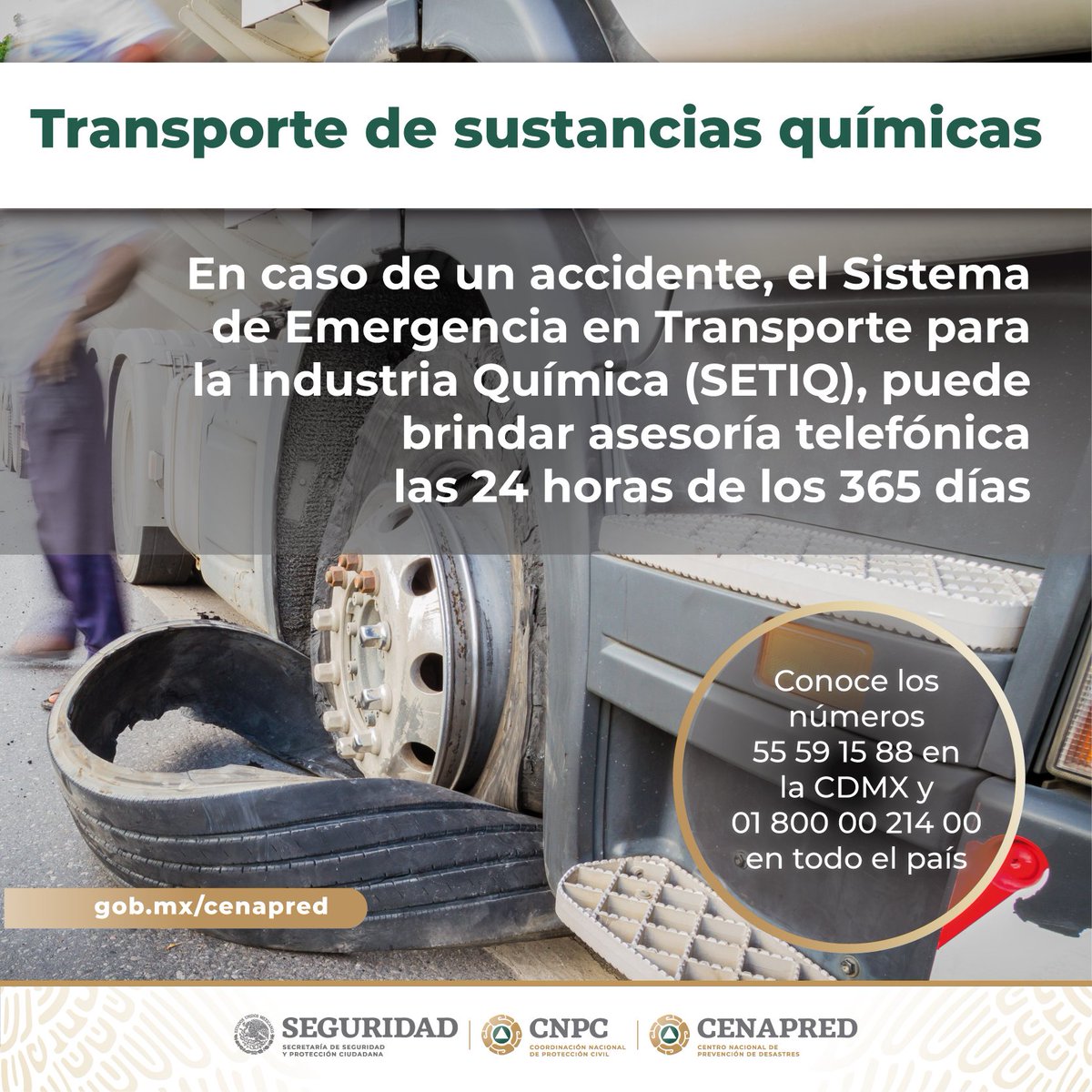 CNPC_MX's tweet photo. Para reportar un accidente con #SustanciasPeligrosas, comunícate con @Pemex, #SETIQ y al #911. Ellos te podrán ayudar para evitar más riesgos. https://t.co/QmauoVtspg