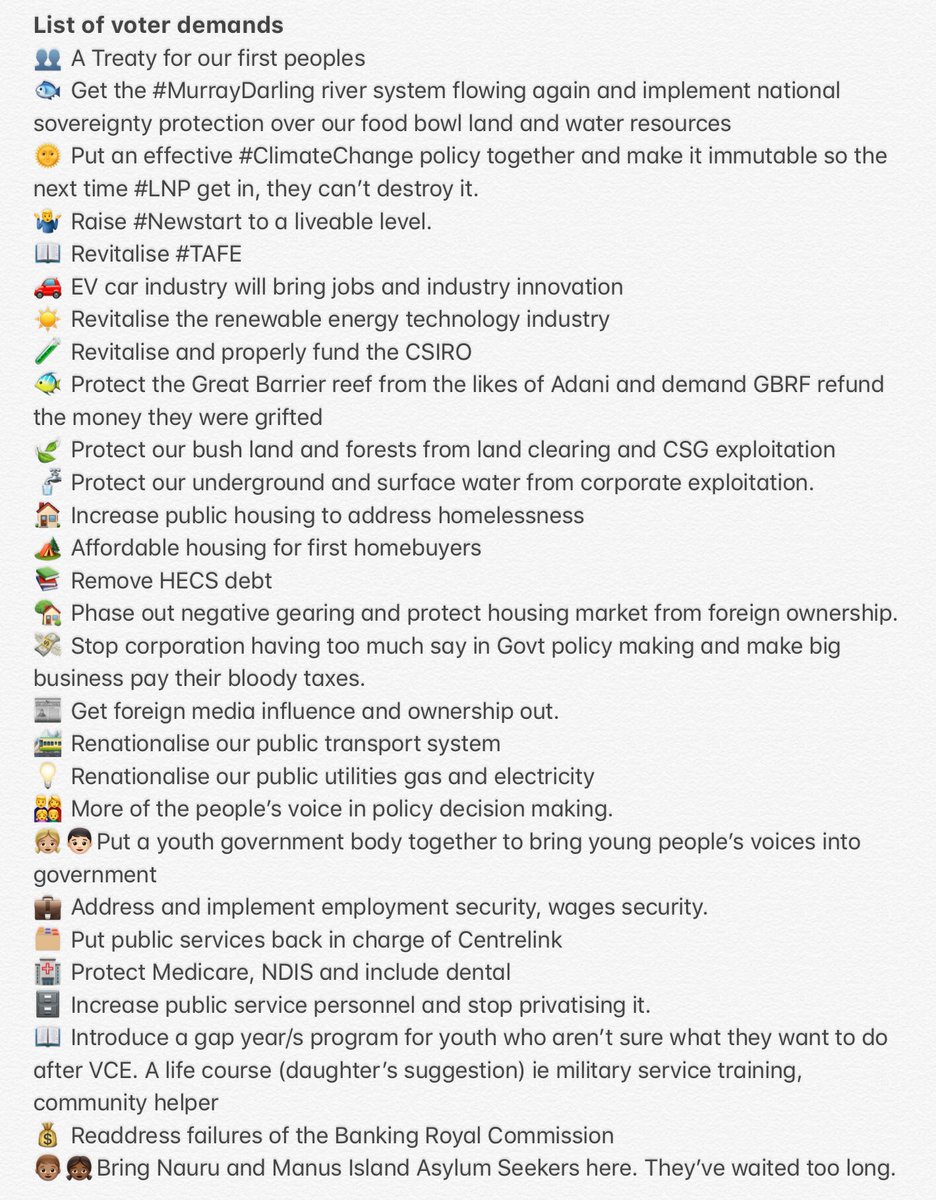 writerbyter's tweet photo. 💬Me and my daughter made a list of voter demands for this upcoming #AusElection2019
Too much to ask? Too bad! We’re over waiting for good governance of Australia. 
#May18ElectionDay #auspol @billshortenmp @ScottMorrisonMP https://t.co/PdGMESuyO1