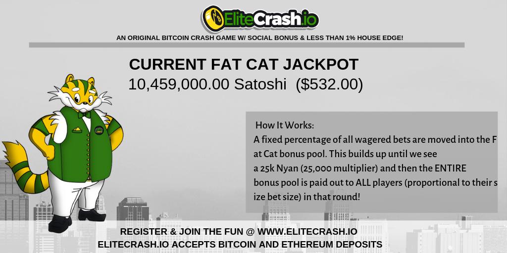 Elitecrashio's tweet photo. Enjoy the first #Progressive #bonus in the history of #crash #games @ https://t.co/4UmSFOs3rt! Our Running #Fatcat #jackpot is 10,459,000.00 #Satoshi  ($532.00) !!! 🤑

#bitcoin #cryptocurrency #CryptoGaming #onlinecasino #Cryptogambling #CryptoNews #eth #Blockchain #money #luck https://t.co/2IXW3qTkjL