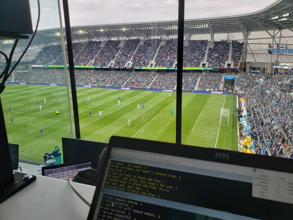 Press box views 📸 from Paradigm/Veritext captioner extraordinaire Lisa Richardson at the Grand Opening of Allianz Field this afternoon! Proud to be providing in-stadium captioning for the hometown team. Go Loons! ⚽️ #MNUFC #scarvesup