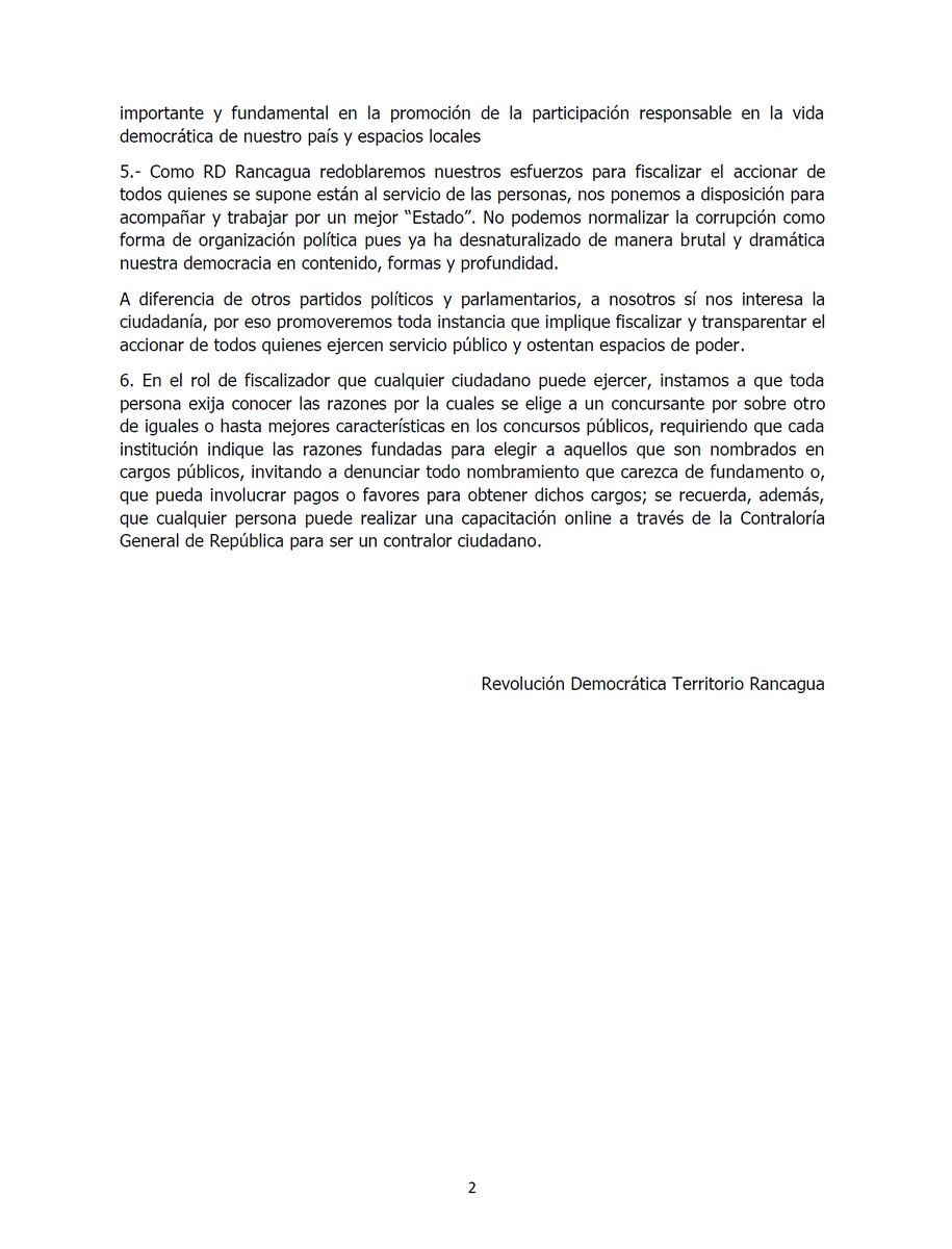 Hacemos llegar la DECLARACIÓN PÚBLICA ANTE SITUACIONES DE CORRUPCIÓN EN NUESTRA CIUDAD, aprobada en la asamblea de hoy del nuestro territorio #Rancagua