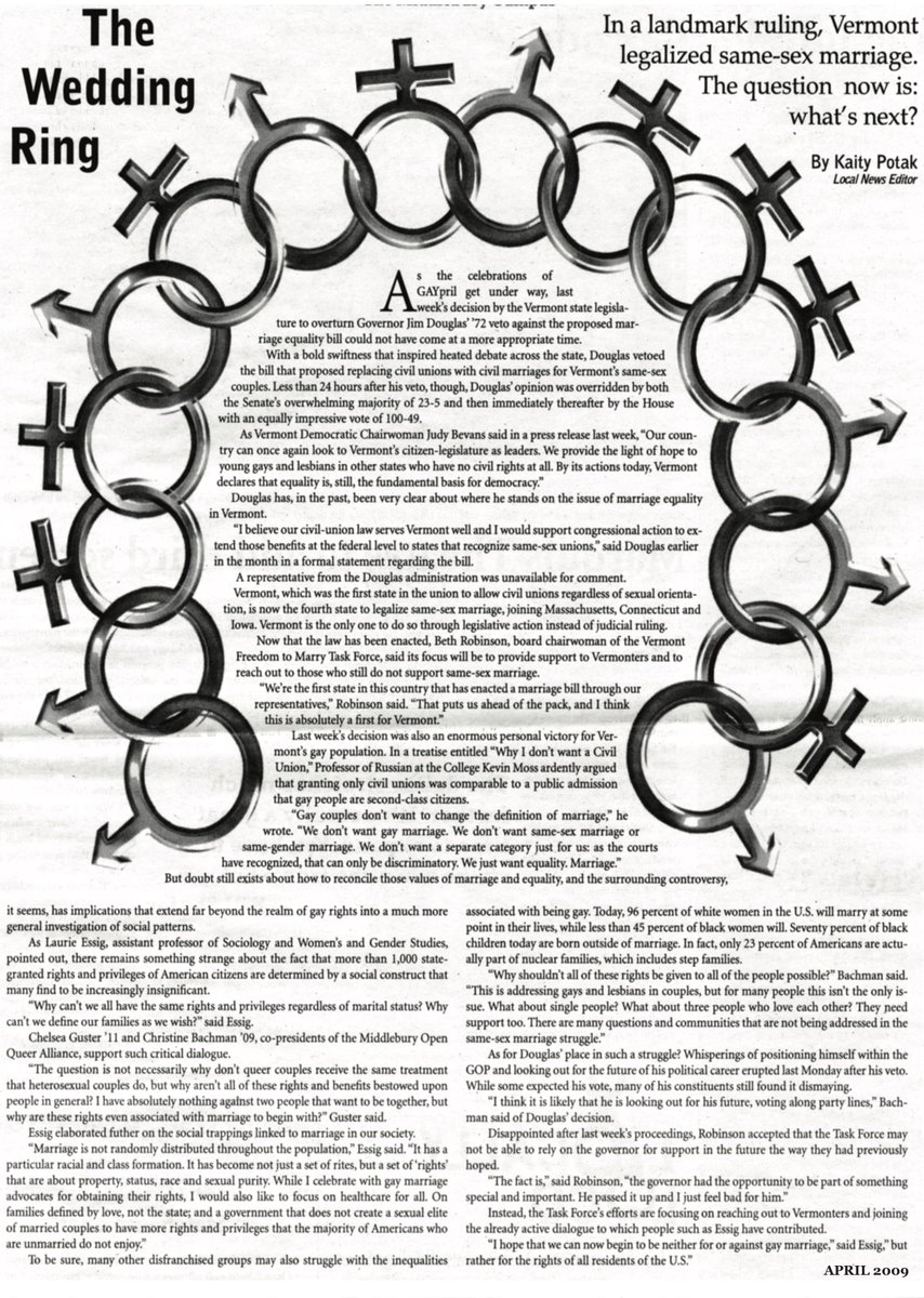 bhrenton's tweet photo. 10 years ago yesterday, Vermont legalized same-sex marriage. @mdghty and @xanderlanden of @vtdigger take a #deeperdig into this landmark decision leading to national action. Here at @middcampus, we took a dig into the archives from 2009 for our coverage.
https://t.co/fGPaaFZYRy https://t.co/glUIU3R1ci