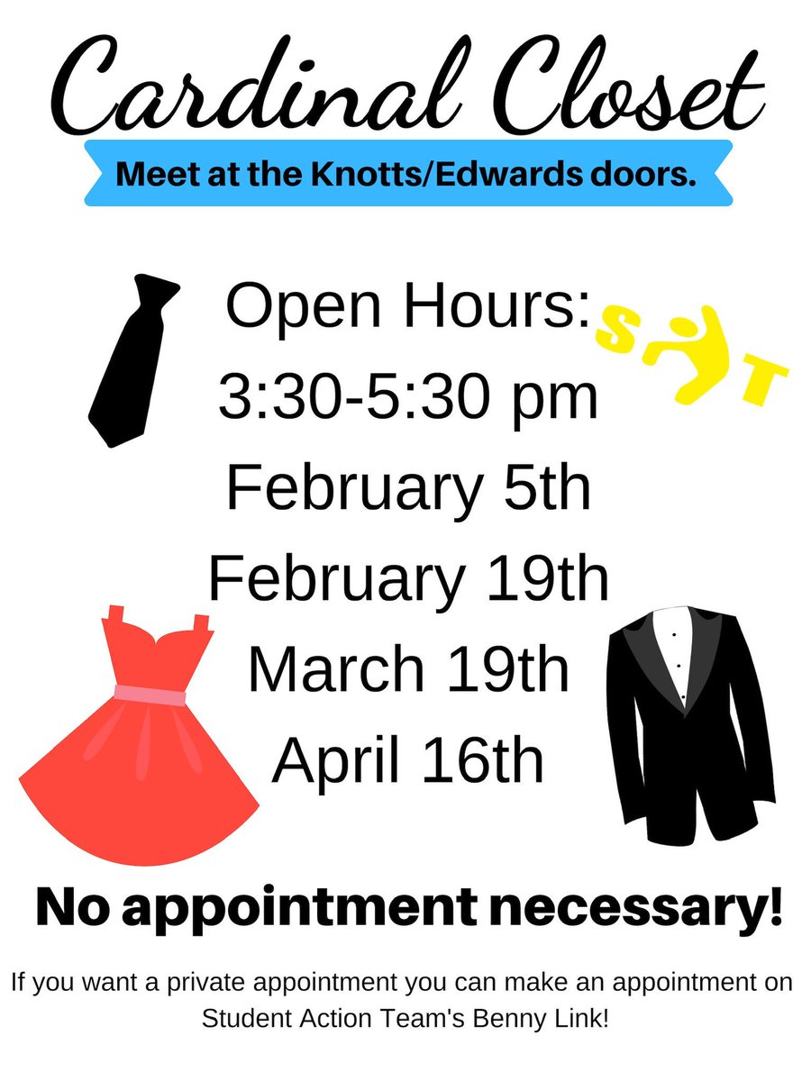 sat_bsu's tweet photo. Hello everyone 🖖🏼 SAT is hosting one last Cardinal Closet open hours for the semester! April 16th from 3:30-5:30, We will be meeting outside the Knotts/Edwards or Match/Hurst doors! We hope to see you there! 👔👗 https://t.co/Nmu2oTZkvc