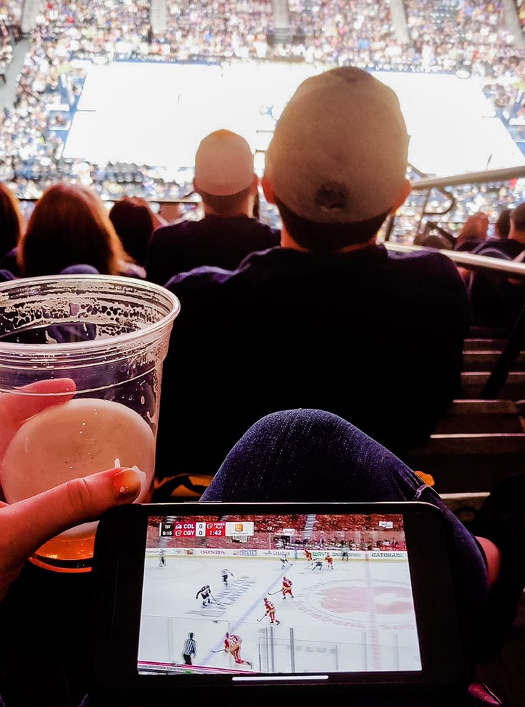JessLynne007's tweet photo. When you’re at the @nuggets game, but the @Avalanche are in the playoffs too...! #denverproblems https://t.co/IvooXxMA4F