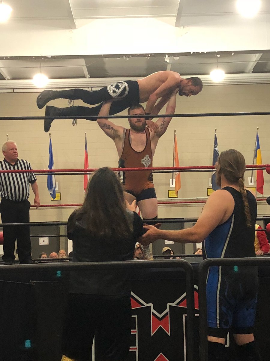 evilgonzo's tweet photo. Sometimes as a grown man, you have to toss another grown man onto two other grown men. @EWFCarolinas @ThePerryJames_ #IrishHandGrenade #barrelchested #battletested https://t.co/p9gwQaSu2F