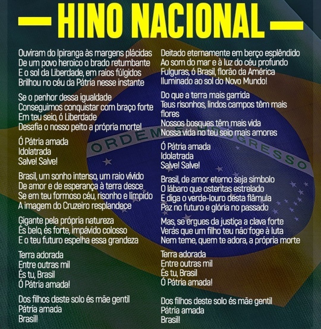 QgValadares's tweet photo. A cada vez que entoamos o Hino Nacional Brasileiro, reacendemos a chama patriota dentro de cada um de nós.

Acordamos o indivíduo que se dispõe a doar sua vida pela Pátria.

#Brasil #patria #patriota #brasileiro #orgulhodanacao #orgulho #patriaamada https://t.co/0LRtljl3de
