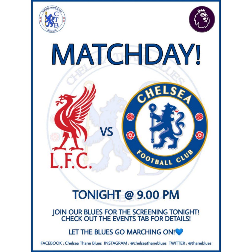 ThaneBlues's tweet photo. Matchday Blues ๐
Hype for the much awaited clash is over, join in for a nailbiting thriller
Registration starts at : 20:30
Venue: Cafe 12, Vasant Vihar,Thane
@chelseafc #ctb #chelseafc #lfcvscfc https://t.co/Tf5o91GJOv