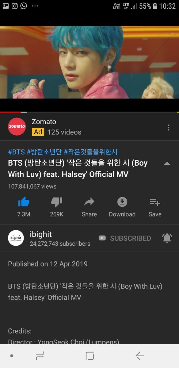 Bangtanboytaet1's tweet photo. Congratulations for 107M 💜💜💜😋😋🔥🔥🔥😋😋💜 we did it now we have to go to our next mission 1B. Don't give up 
Fighting!!! #BoyWithLuv #BoyWithLuv100M #bangtanboys #BangtanSonyeondan #BoyWithLuvRealViews https://t.co/DzZHdcsMIW