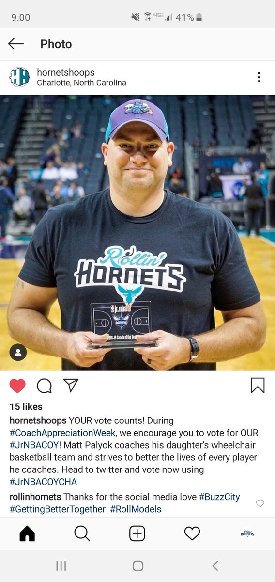 RollinHornets's tweet photo. Day 7 of voting! #SundayFunday #jrNBACOYCHA Let's help #WheelchairBasketball Coach @MattPalyok get in the Top3 of the @jrnba Coach of the Year! Retweet to vote! @hornets @NWBA https://t.co/v77uKEQJOm
