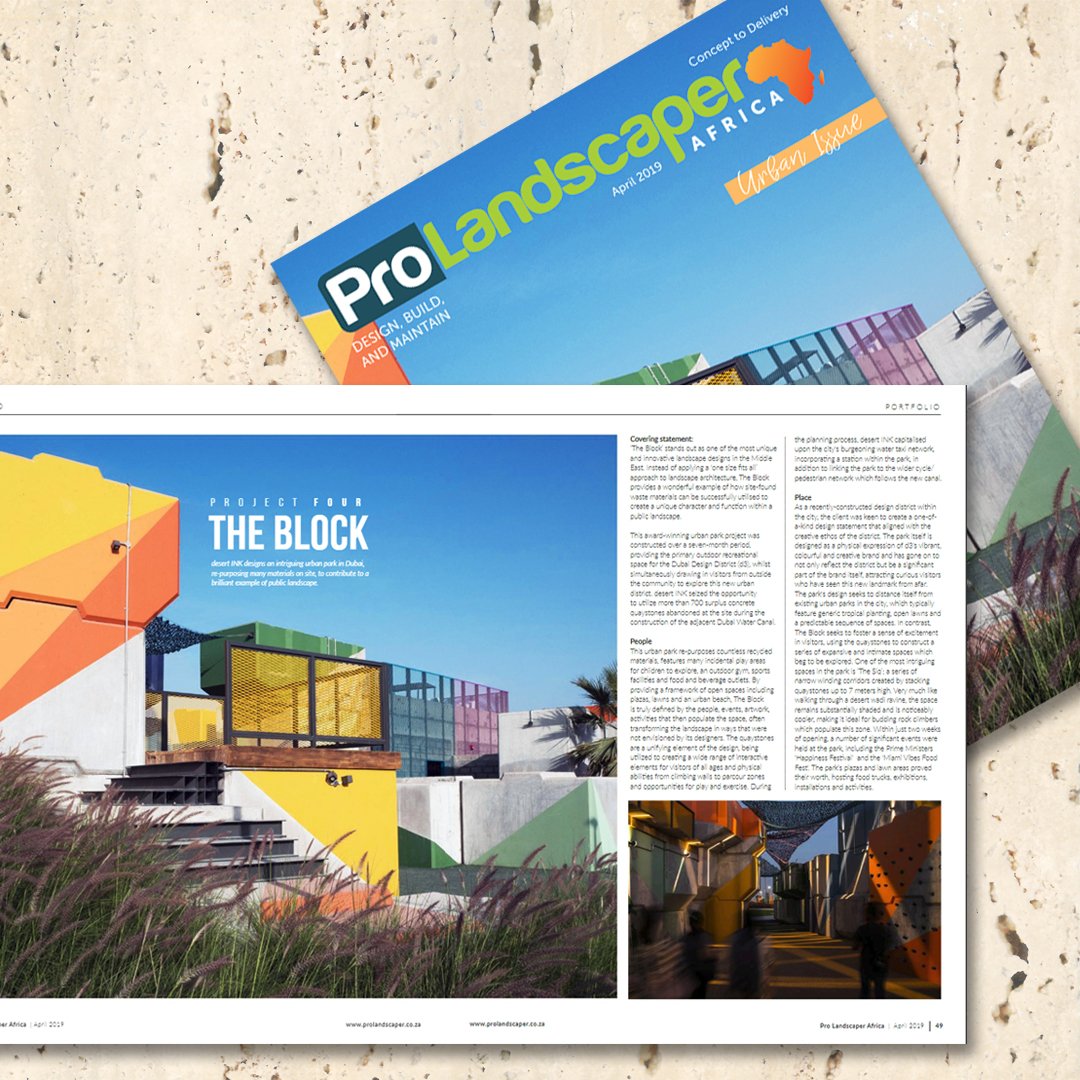 DesertInk's tweet photo. We are on the cover again! A big thank you to Pro Landscaper Africa for featuring our award-winning urban park project The Block in their April Urban issue. Read it here: https://t.co/4s2KUnuuvN
#landscape #architecture #landscapearchitecture 
@DesertGroup @ProLandscaperCB https://t.co/p5bnsYXqjD