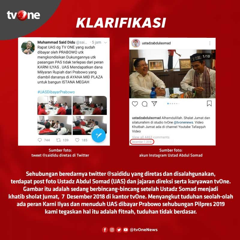 Foto dalam akun twitter <a href="/saididu/">Muhammad Said Didu</a> yang diretas, adalah sedang berbincang-bincang setelah Ustadz Abdul Somad menjadi khatib sholat Jumat 7 Des 2018.