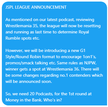 JoshandStuPod's tweet photo. A G1 Tournament is coming to #JSPL! Who's game? Any #wrestlingpodcast is welcome to join.
Additional rules regarding championships, scoring and other #JSPL games to be announced soon! https://t.co/JJqleIIuQi