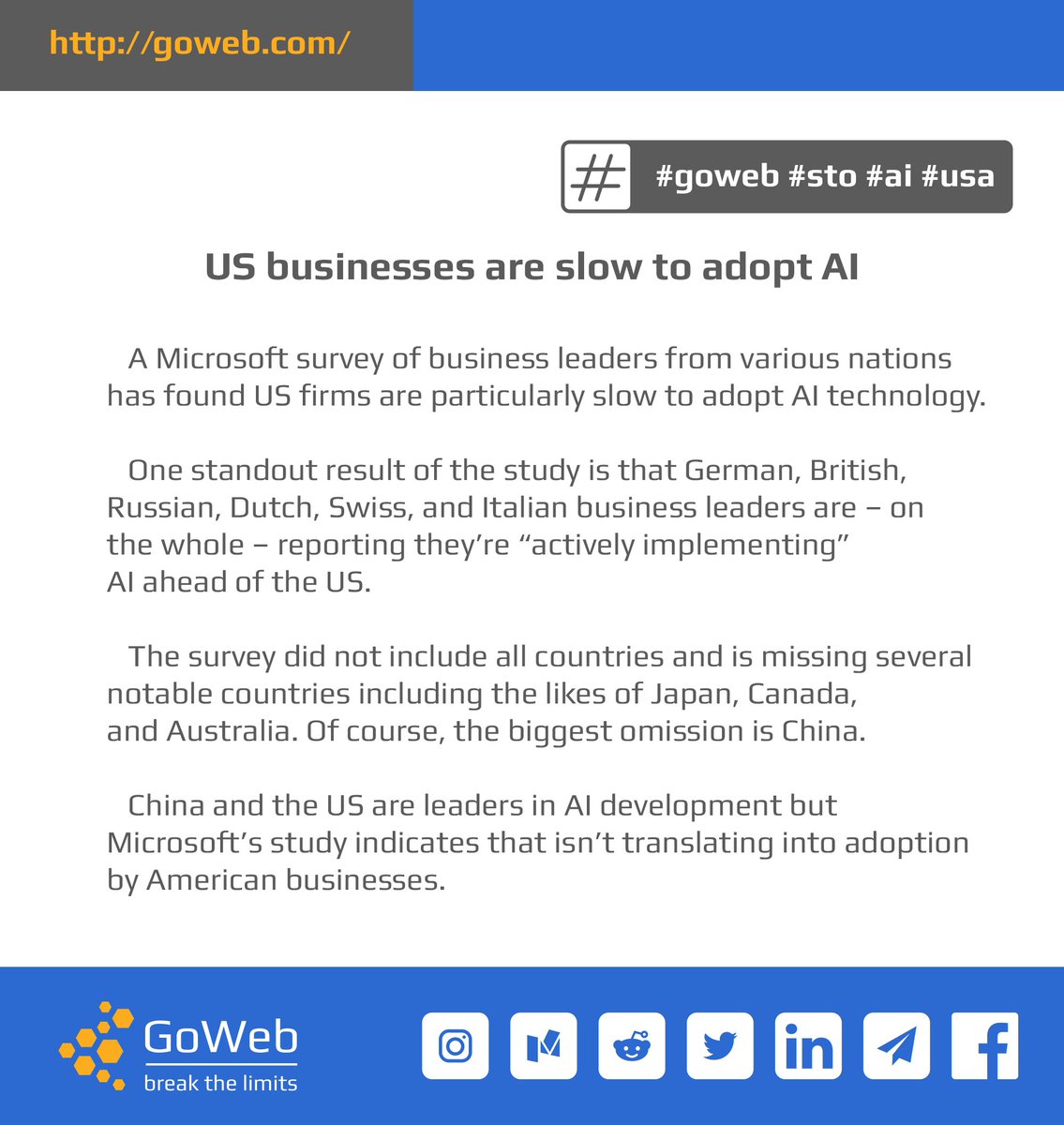 GoWebSTO's tweet image. 🐌 US businesses are slow to adopt AI

goweb.com 

#goweb #sto #ai #usa
