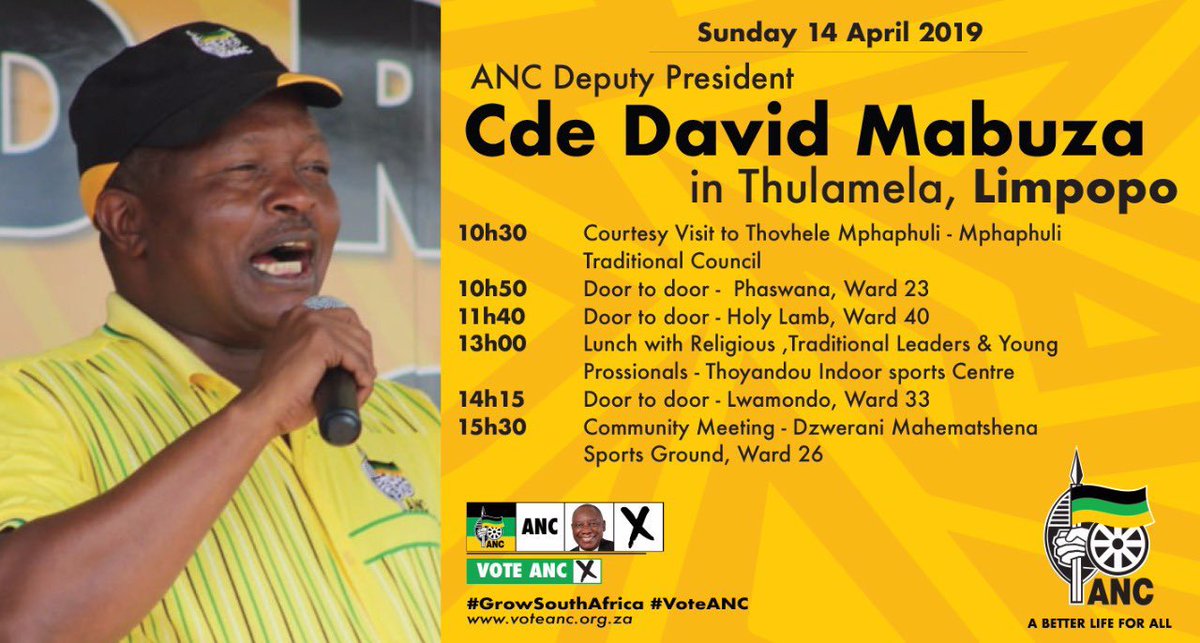 ANCLimpopo's tweet photo. ANC ON THE CAMPAIGN TRAIL
The ANC Deputy President Cde David Mabuza continues the campaign trail in Limpopo. The #ANCDP will be in the Thulamela sub-region, Vhembe, today.
#VoteANC8May https://t.co/EckPD5LaPx