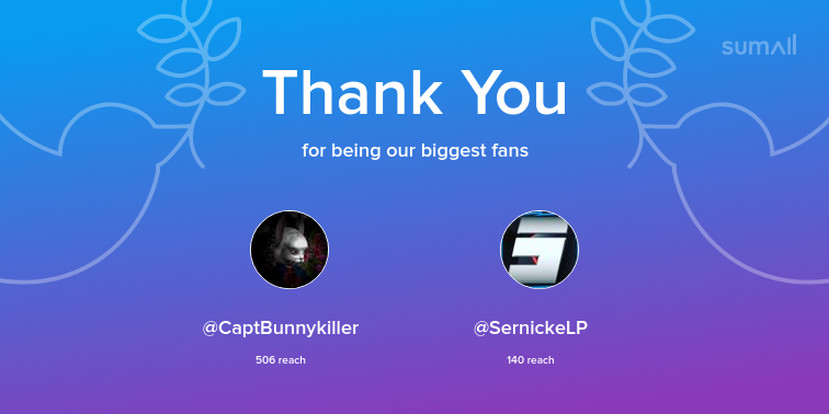 WatchDono's tweet photo. Our biggest fans this week: @CaptBunnykiller, @SernickeLP. Thank you! via https://t.co/7wpz4HZ8AH https://t.co/l6iUDZZJ1d