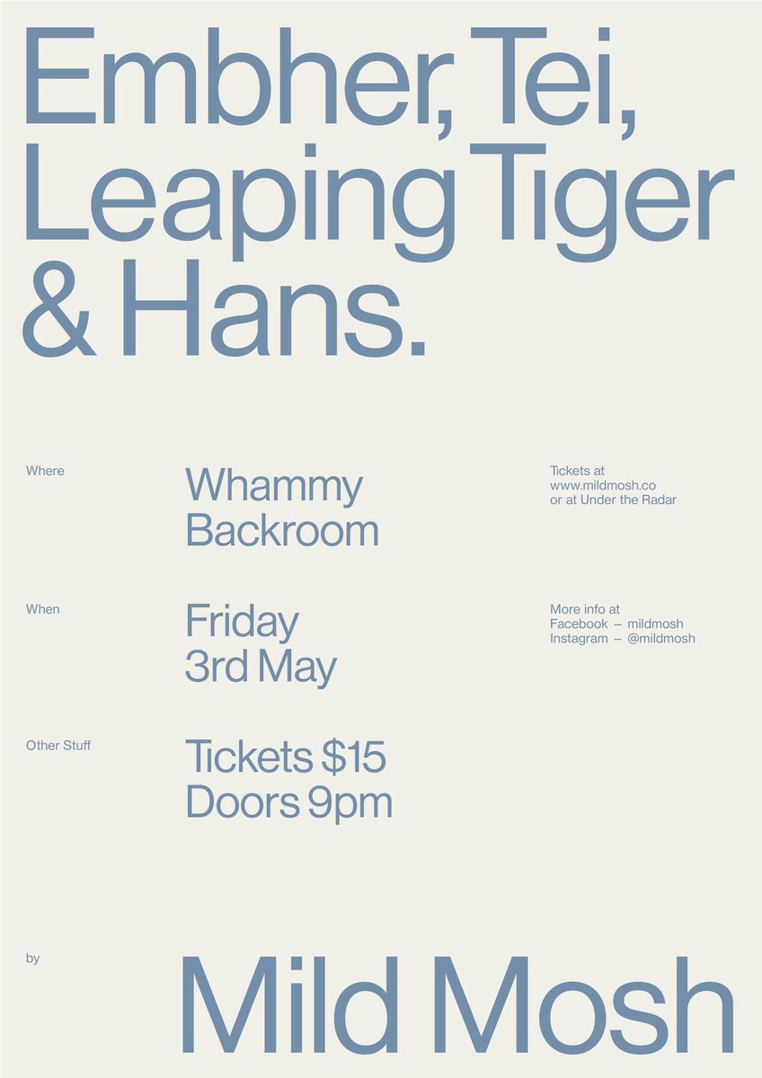 mildmosh's tweet image. MILD MOSH presents: Tei, Leaping Tiger, Embher &amp;amp; Hans.

The second instalment from Mild Mosh. May 3rd at Whammy Backroom.

Tickets in bio.