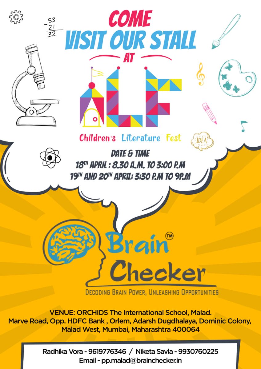 niketavora28's tweet photo. Invitation !

We Brain Checker Malad Team would like to cordially invite you all to visit our stall at Children's Literature Fest at Orchid's International School (Malad West)

Our Team will be pleased to answer all your queries. See you then on 18th,19th, 20th April ! https://t.co/ddzJqB0DRa