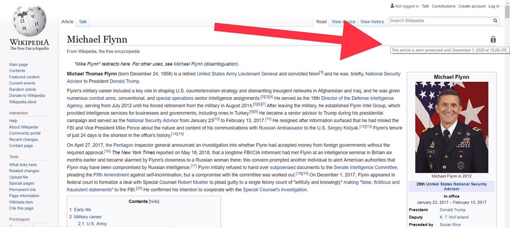 bigredwavenow's tweet photo. @MrsMogul @zulutym Here's a Screen Shot with a Lock Page... This Article Is Semi-Protected until December 1 2020 at 15:28 UTC... This page was last edited on 9 April 2019, at 14:13 (UTC). https://t.co/O4xG1eIBhY