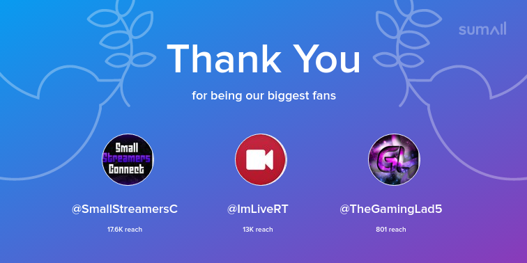 Fatstuff86's tweet image. Our biggest fans this week: @SmallStreamersC, @ImLiveRT, @TheGamingLad5. Thank you! via sumall.com/thankyou?utm_s…
