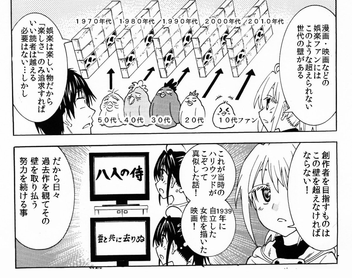 「センスの古さ」や「自分世代の劣化コピー漫画」などを創作してしまう元凶である　「世代の壁」
様々な仕事や趣味などで発生するが作家業ではこの壁が死活問題になる
壁は無意識に築かれるので日頃から作らない・乗り越える事が大切です 