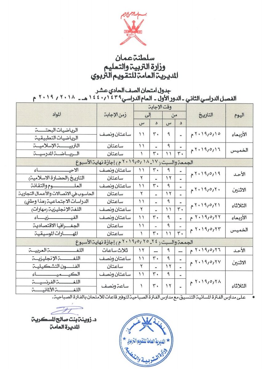 جداول امتحانات النقل الفصل الثاني للصفوف من الخامس وللحادي عشر للعام الدراسي ٢٠١٩/٢٠١٨م