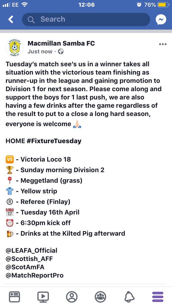 MacmilanSambaFC's tweet photo. HOME #FixtureTuesday
🆚 - Victoria Loco 18
🏆 - Sunday morning Division 2
📍 - Meggetland (grass)
👕 - Yellow strip
®️ - Referee (Finlay)
📅 - Tuesday 16th April
⏰ - 6:30pm kick off
🍺 - Drinks at the Kilted Pig afterward
@LEAFA_Official @Scottish_AFF
@ScotAmFA @matchreportpro https://t.co/fPGIhSPGY1