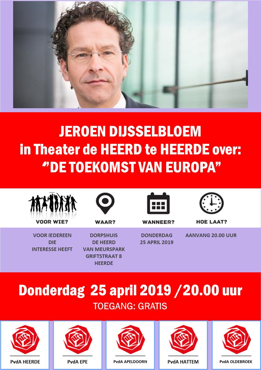 Lezing JEROEN DIJSSELBLOEM. Donderdag 25 april, 20.00 uur in Theater de Heerd te #Heerde. Toegang: iedereen en gratis. Van harte welkom!